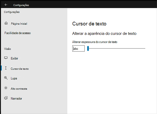 Altere o tamanho ou a cor do cursor de texto 