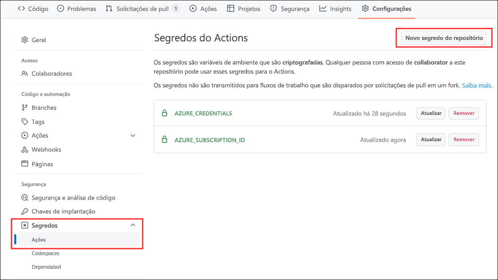 Captura de tela da interface do portal do GitHub para criar um segredo.