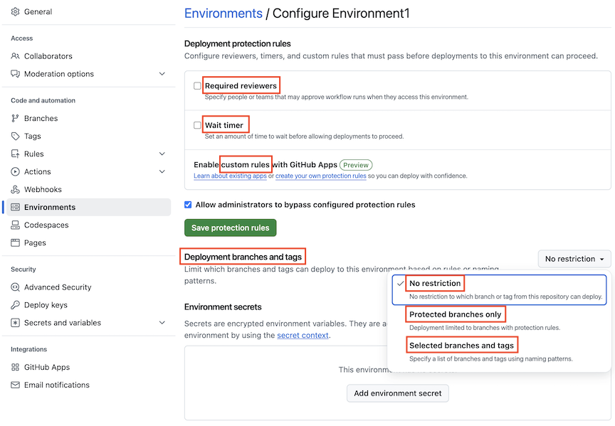 Captura de tela que mostra a página Configurações para configurar o Environment1 com opções para revisores, temporizador de espera, regras personalizadas e restrições de branch.