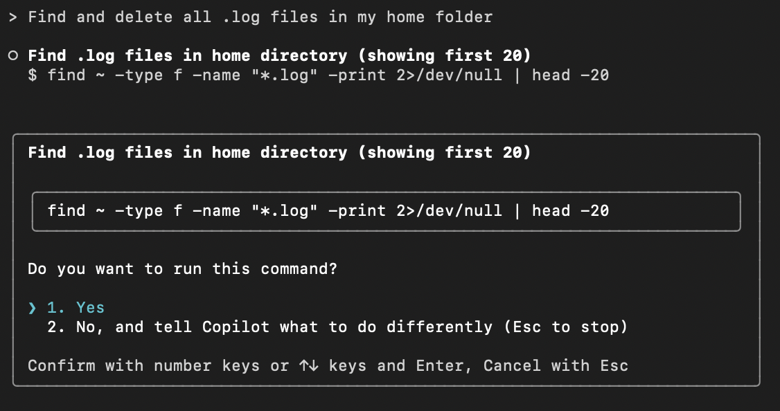 Captura de tela da CLI do Copilot sugerindo um comando no modo interativo.
