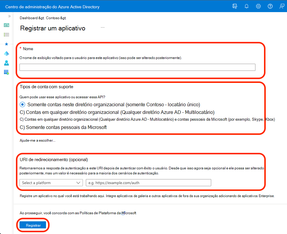 Captura de tela que mostra as seleções para registrar um aplicativo no Microsoft Entra ID.