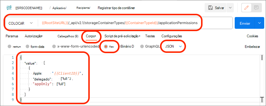 Captura de tela da solicitação Registrar Tipo de Contêiner