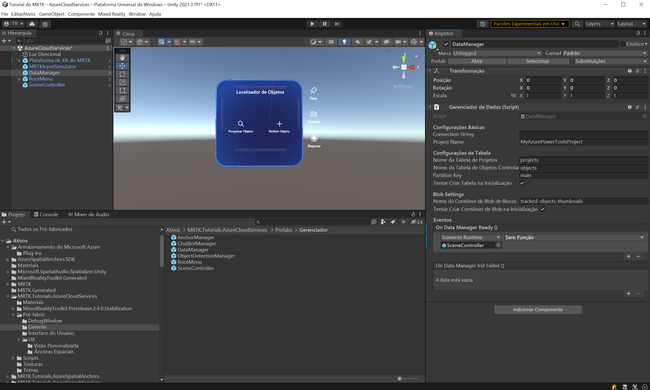 Captura de tela do Unity com o ouvinte de eventos DataManager adicionado.