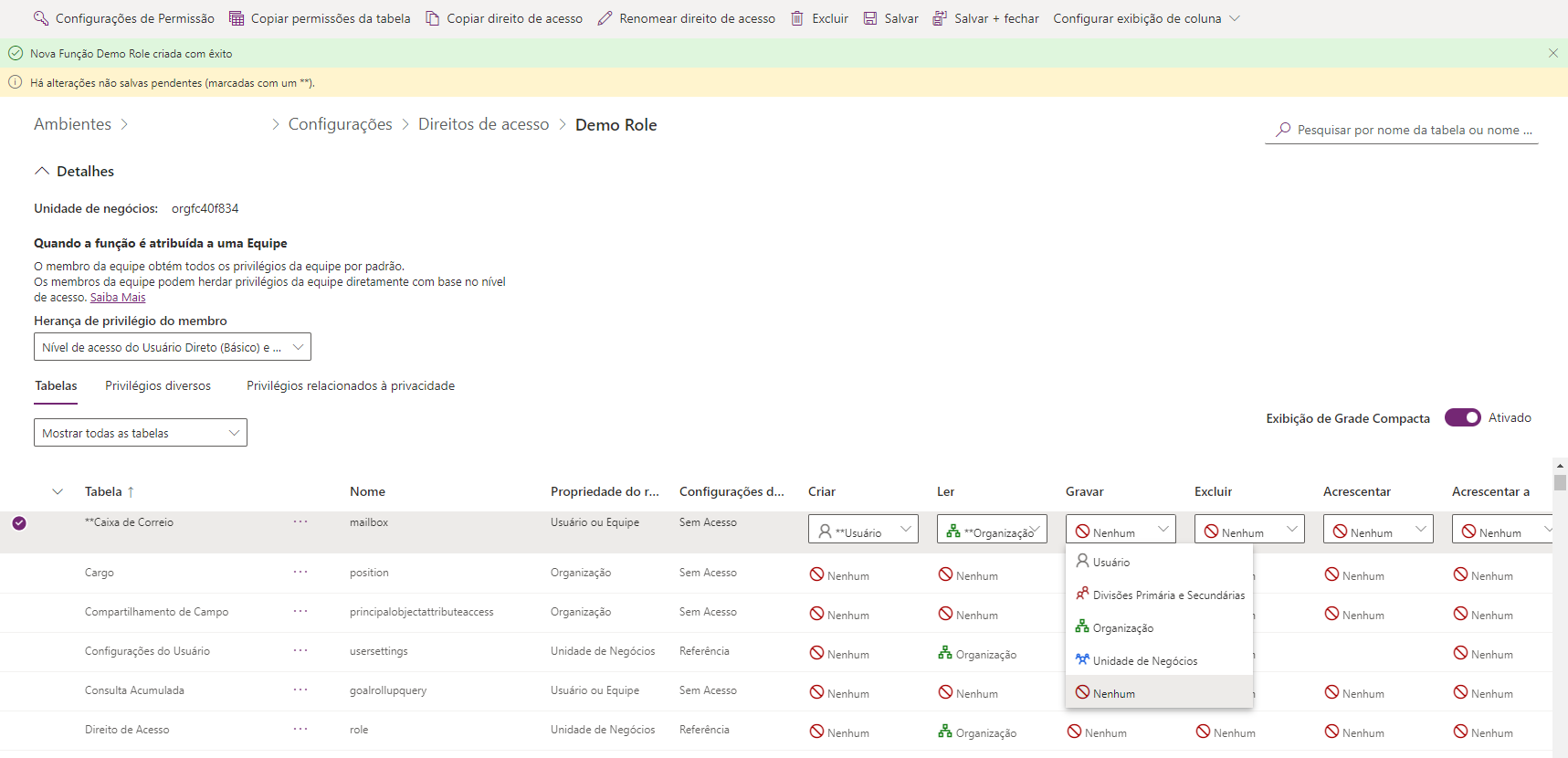 Captura de tela das configurações de Direito de Acesso: Novo Direito de Acesso para cada entidade.