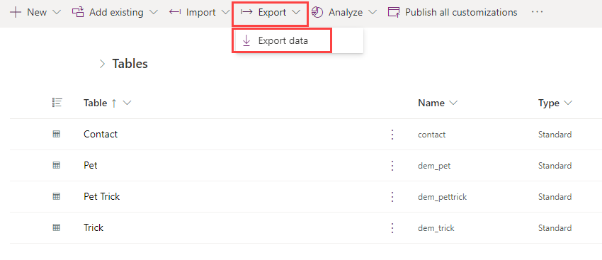 Captura de tela da opção de exportação de dados no Power Apps.