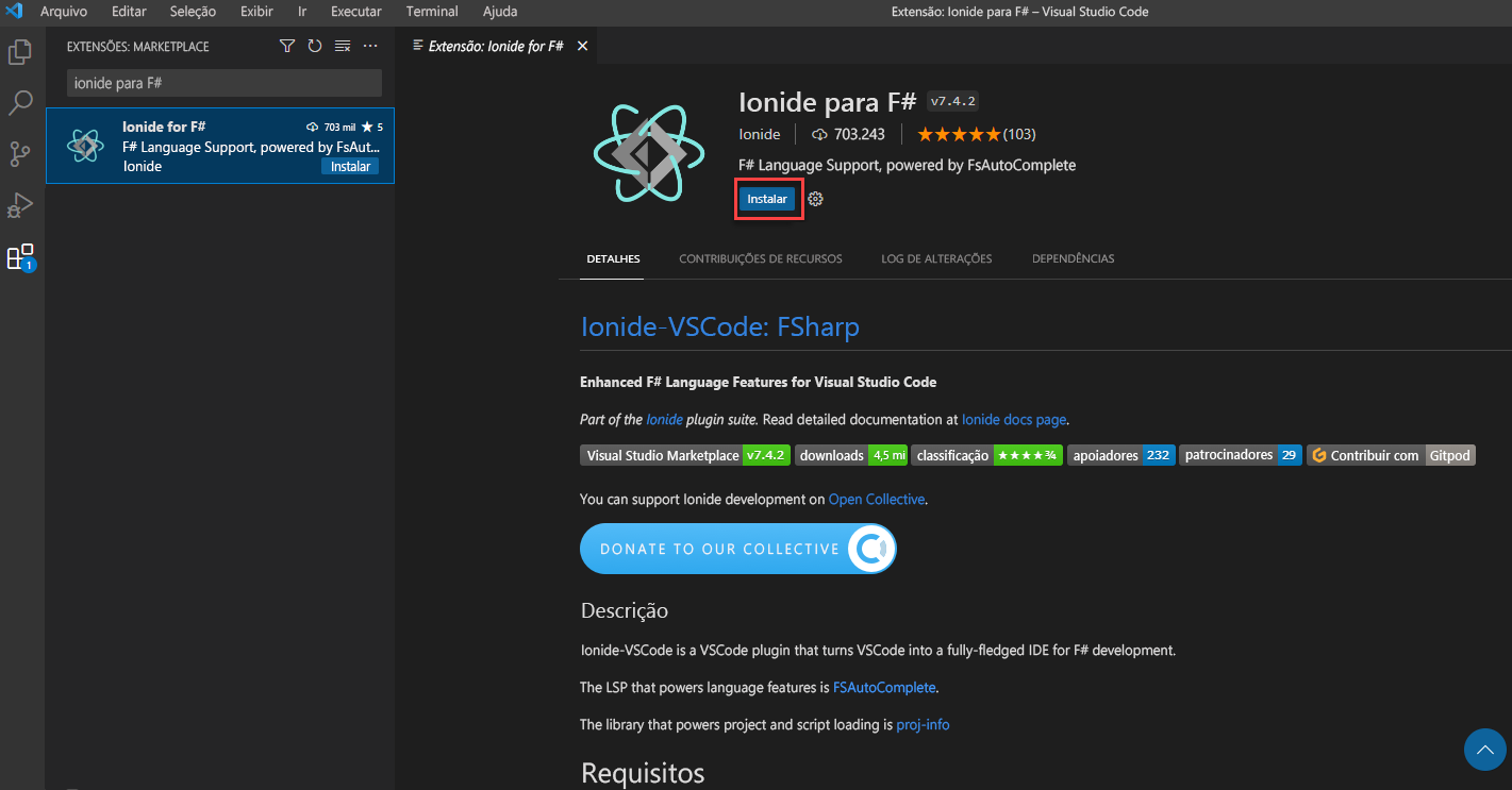 Captura de tela da exibição de extensões do Visual Studio Code que exibe a página de instalação da extensão Ionide F# com uma caixa ao redor do botão Instalar.