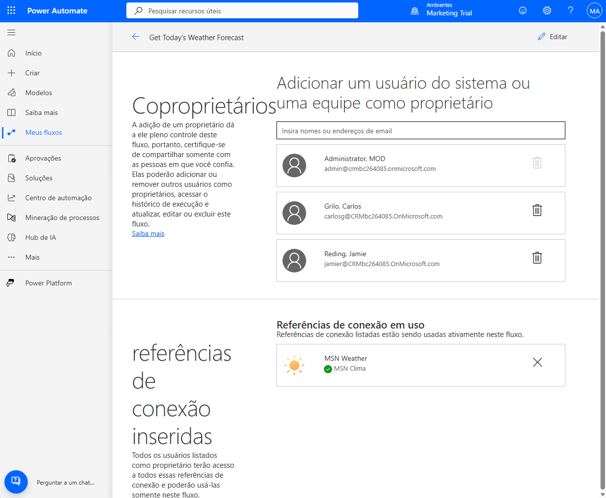 Captura de tela da página Coproprietários com a opção Remover coproprietário do fluxo exibida ao lado de cada coproprietário.