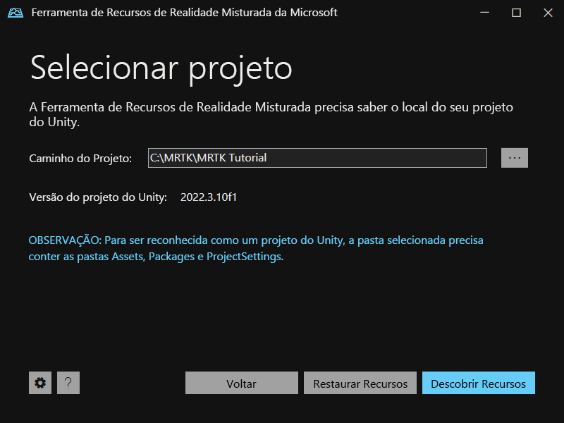 Captura de tela do caminho do projeto da ferramenta de recursos da Realidade Misturada.