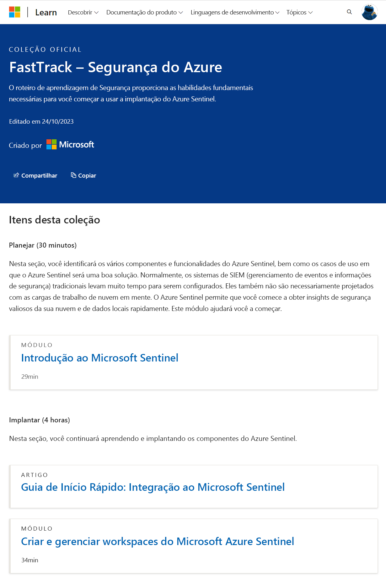 Captura de tela da Coleção Oficial de Segurança do FastTrack – Azure da Microsoft