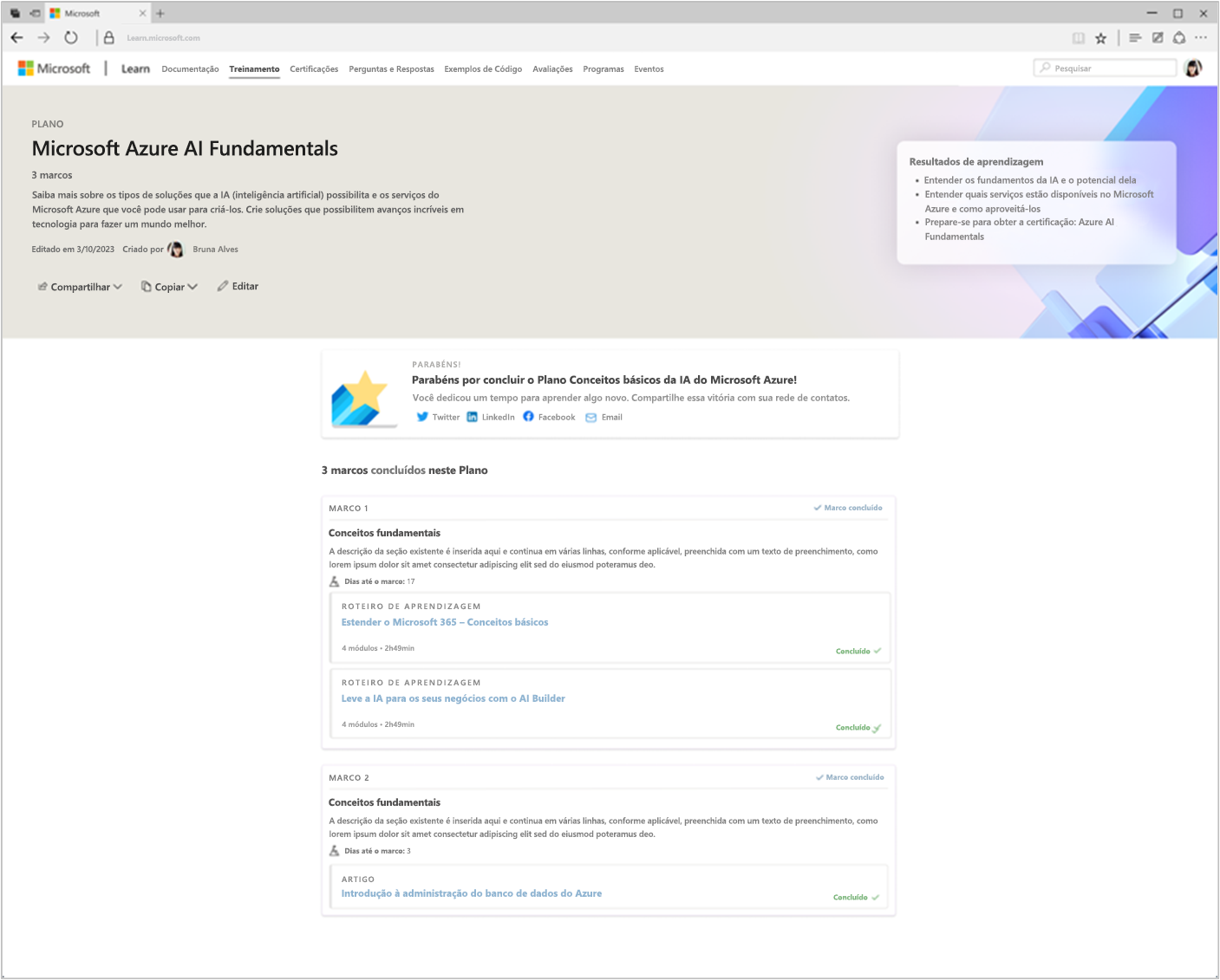 Captura de tela do Plano de Conceitos Básicos da IA do Microsoft Azure