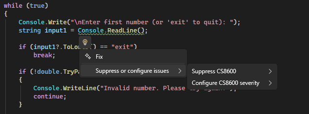 Captura de tela que mostra como configurar a severidade da regra a partir do menu da lâmpada no Visual Studio.