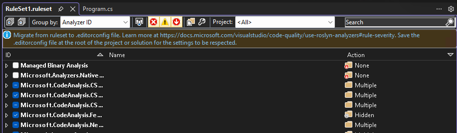 Captura de tela que mostra um arquivo de conjunto de regras aberto no editor do conjunto de regras.