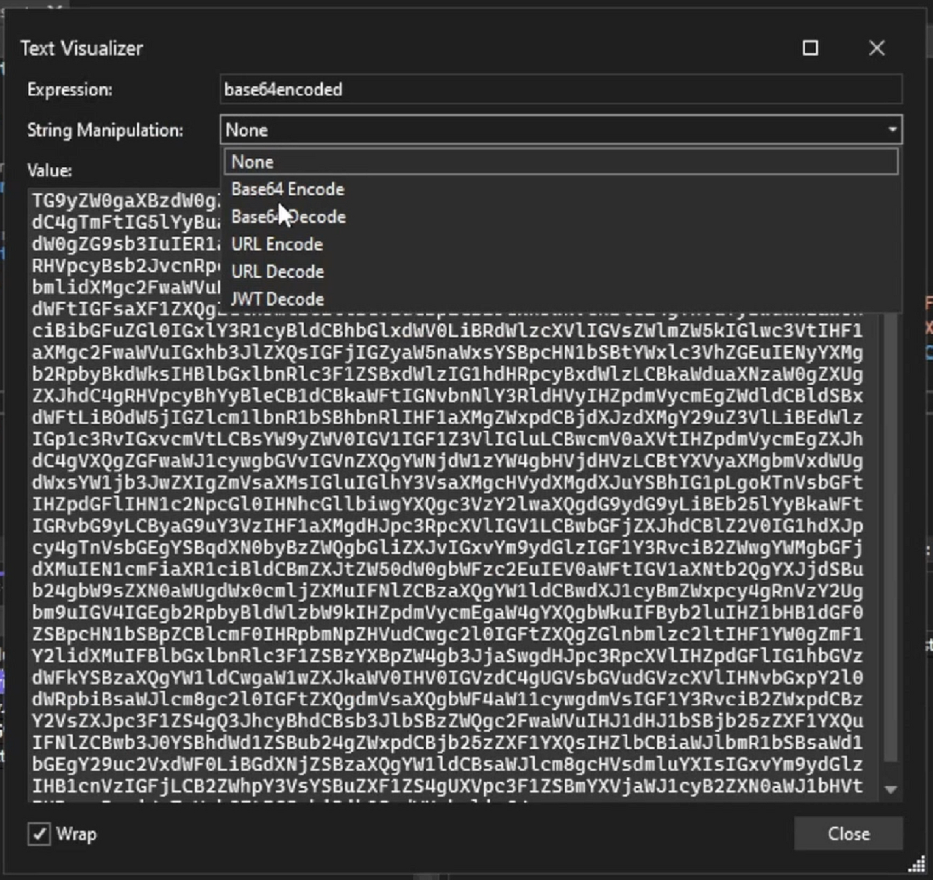 Captura de tela do visualizador de cadeia de caracteres de texto.