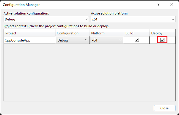 Screenshot do Gerenciador de Configuração no Visual Studio Solution Explorer. A configuração de Debug foi selecionada e a opção Implantar está marcada.