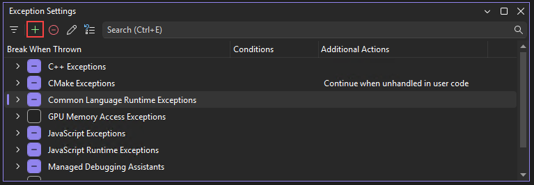 Captura de tela do botão Adicionar uma exceção à categoria selecionada.