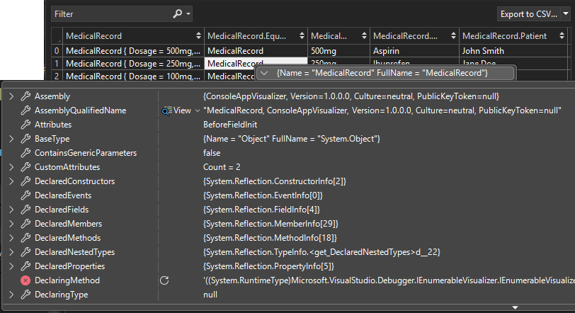 Captura de tela mostrando uma DataTip aparecendo ao se posicionar sobre uma célula no visualizador IEnumerable.