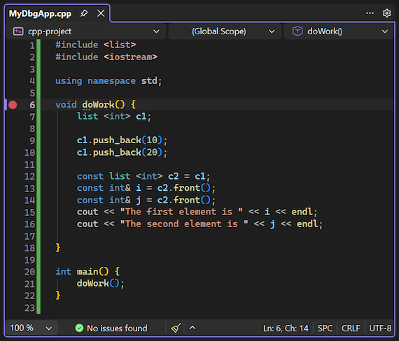 Captura de tela que mostra como definir um ponto de interrupção no depurador do Visual Studio.