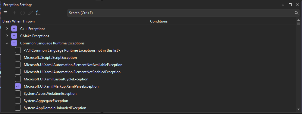 Captura de tela da caixa de diálogo Configurações de Exceção.