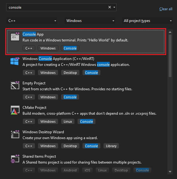 Captura de tela que mostra como pesquisar e selecionar o modelo de Aplicativo de Console na janela Iniciar do Visual Studio 2022.
