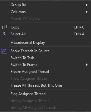 Menu de acesso rápido de thread na janela de Tarefas