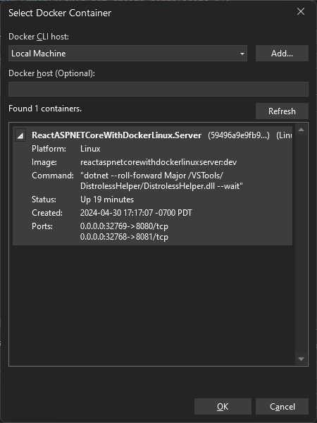 Captura de tela do menu Selecionar Contêiner do Docker.