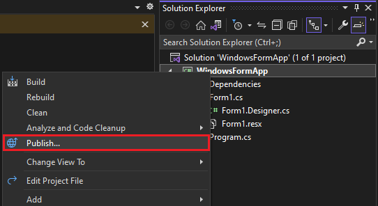 O comando Publicar no menu de contexto do projeto no Gerenciador de Soluções