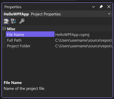 Captura de tela da janela Propriedades mostrando a seção Diversos das Propriedades da Solução para o projeto HelloWPFApp.