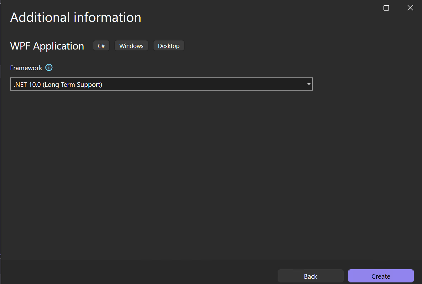 Captura de tela que mostra a janela Informações adicionais com o .NET 10.0 selecionado como a estrutura de destino para o novo projeto.