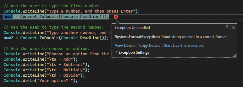 Captura de tela que mostra um erro de formato sem tratamento no editor do Visual Studio Code.
