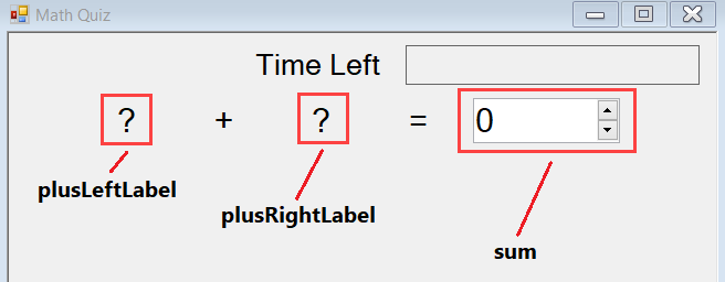 Captura de tela que mostra a primeira linha do teste de matemática, com rótulos visíveis e um controle com teclas de direção que exibem um zero.