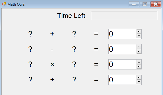 Captura de tela que mostra um teste de matemática com quatro linhas de problemas, com rótulos e controles com teclas de direção visíveis.