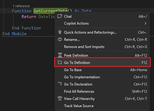 Screenshot que exibe Ir para Definição no Visual Studio.