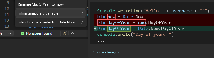 Screenshot mostrando a sugestão de variável temporária inline no Visual Studio.