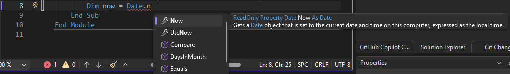 Screenshot que mostra membros da lista do IntelliSense em Visual Studio.