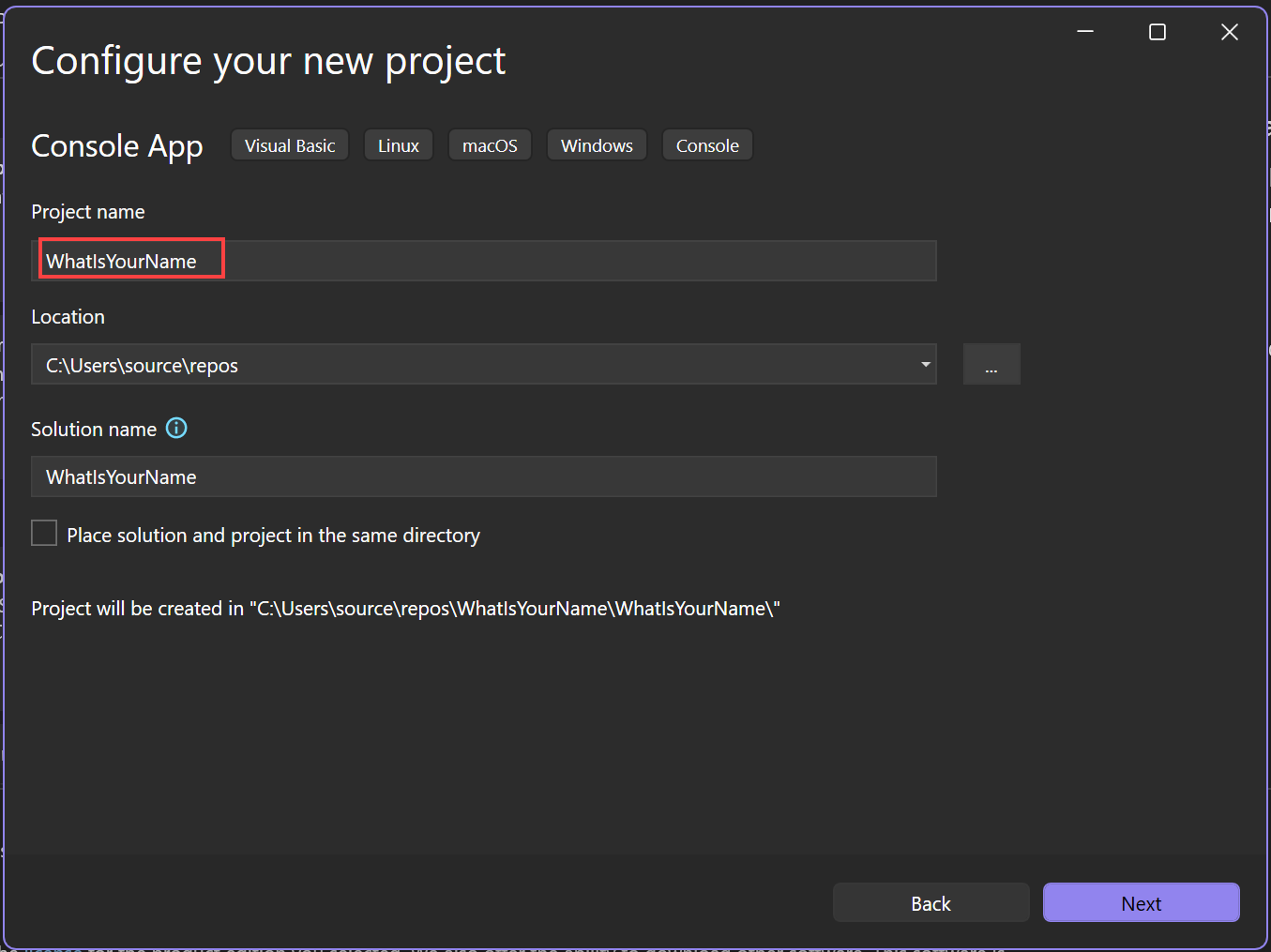 Captura de tela mostrando a janela Configurar seu novo projeto no Visual Studio com o campo nome do projeto definido como 'WhatIsYourName'.