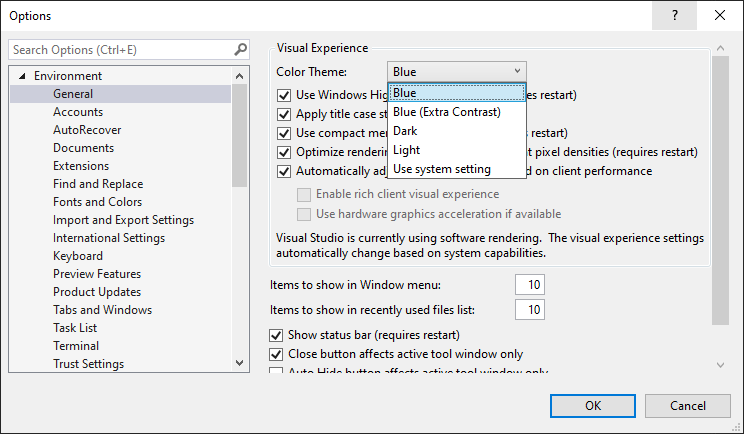 Screenshot que mostra a alteração do tema de cor para Azul em Visual Studio.