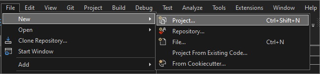 Screenshot da seleção > File > New Project da barra de menus do Visual Studio 2022.