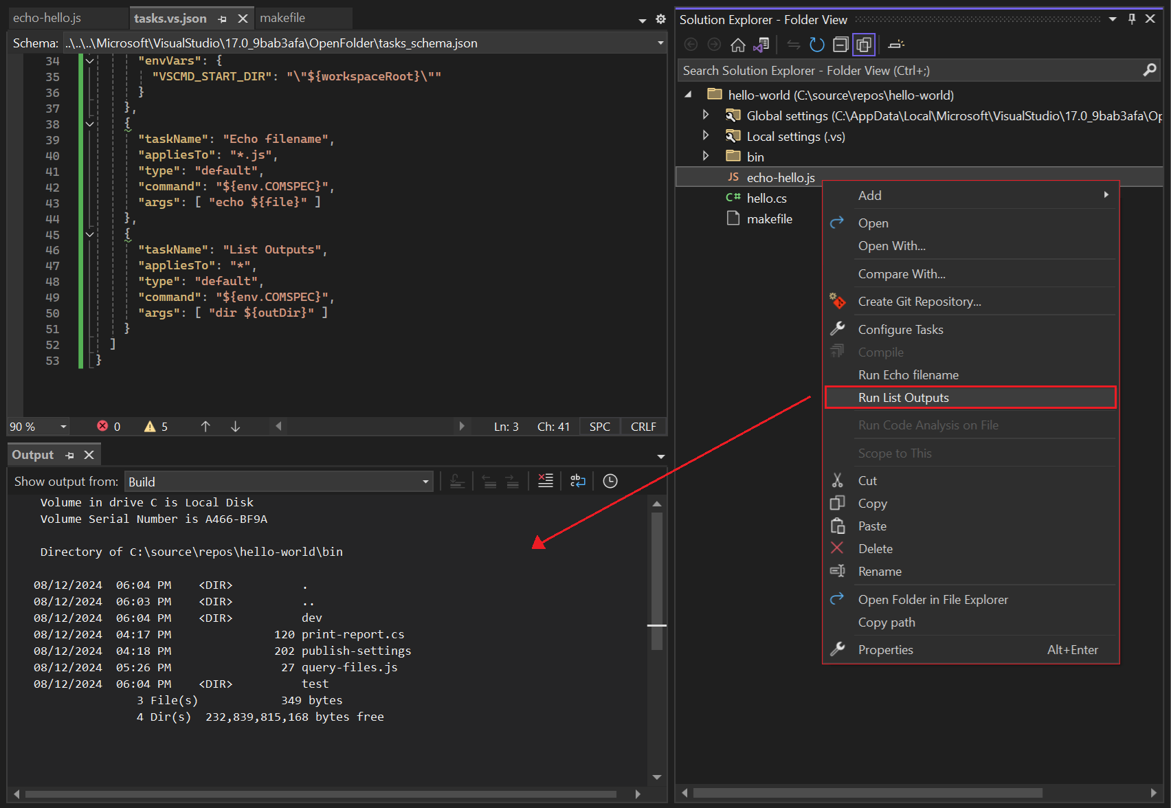 Captura de tela que mostra uma tarefa arbitrária adicionada ao menu de clique com o botão direito do mouse no Gerenciador de Soluções do Visual Studio.