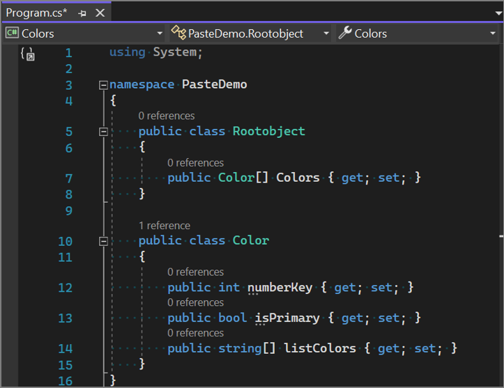 Captura de tela do texto de exemplo JSON convertido em classes usando o recurso Colar Especial no Visual Studio.