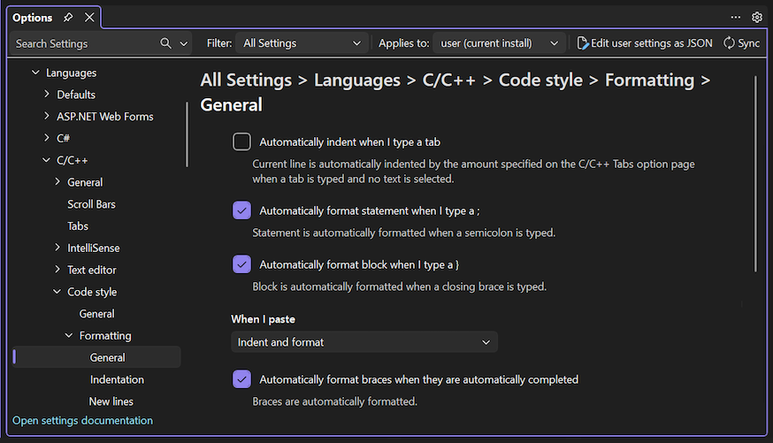 Captura de tela das opções gerais de formatação para o estilo de código C e C++.