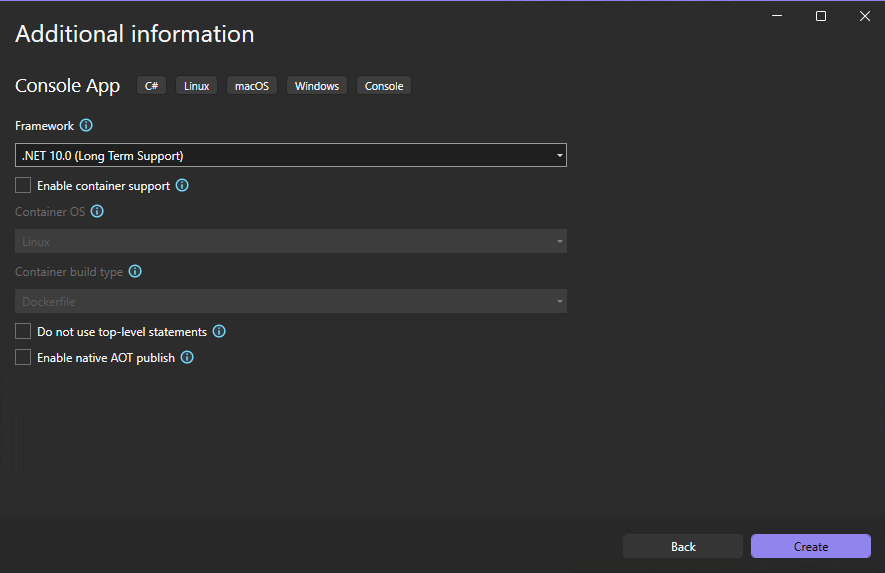 Screenshot da janela Informações adicionais no Visual Studio, em que você seleciona a versão do .NET desejado.
