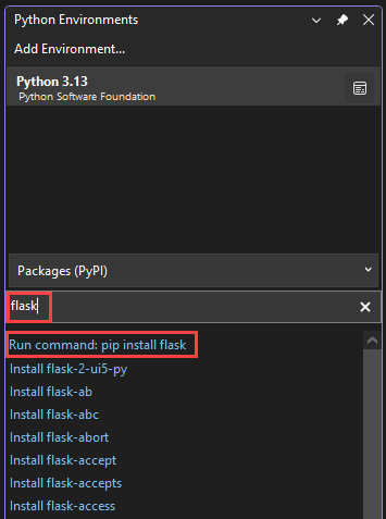 Captura de tela que mostra como instalar a biblioteca do Flask usando a instalação do pip no Visual Studio.