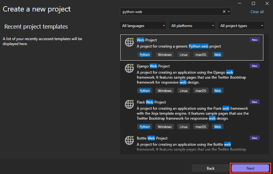 Captura de tela que mostra como criar um novo Projeto Web Python no Visual Studio.