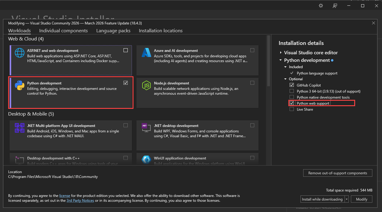 Captura de tela do Instalador do Visual Studio com a carga de trabalho de desenvolvimento do Python e o suporte à Web do Python selecionados.
