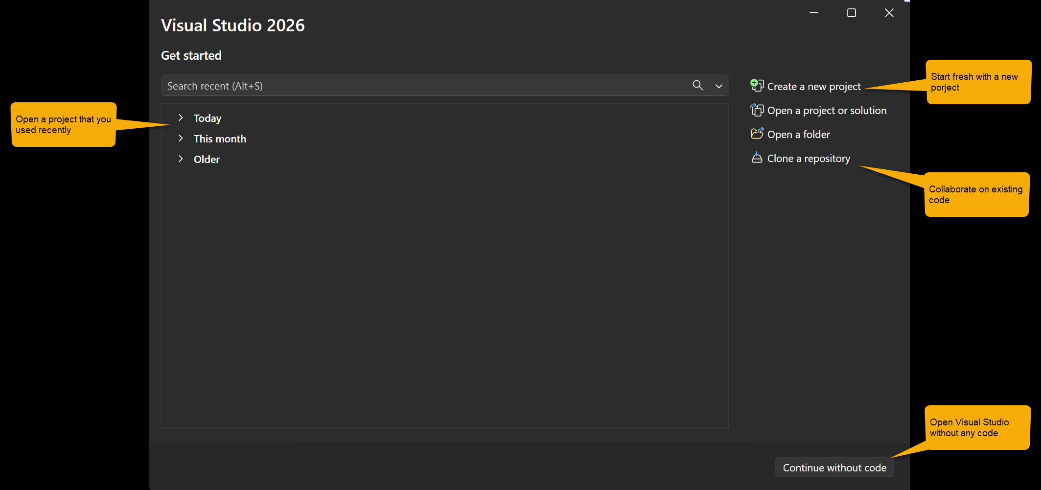 Uma captura de tela anotada que mostra a janela inicial do Visual Studio.
