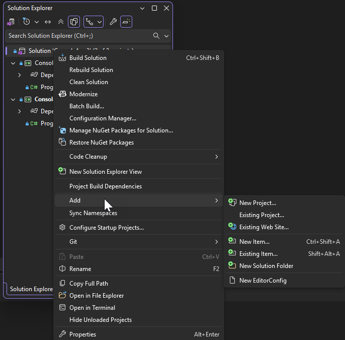 Captura de tela do submenu de clique com o botão direito do mouse em um nó de projeto no Gerenciador de Soluções.