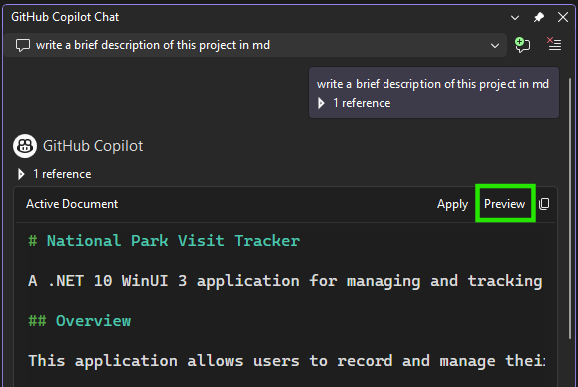 Captura de tela do botão Visualizar na janela de Chat do Copilot para conteúdo do Markdown.
