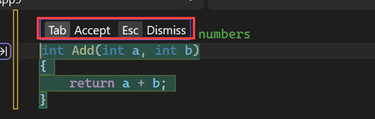 Captura de tela que mostra sugestões para aceitar ou modificar uma sugestão de código do GitHub Copilot no Visual Studio.