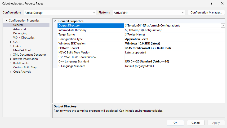 Captura de tela da página de propriedades do projeto C++.
