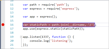 Captura de tela da janela do Visual Studio Code mostrando o código JavaScript. Um ponto vermelho na sarjeta esquerda indica que um ponto de interrupção está definido.